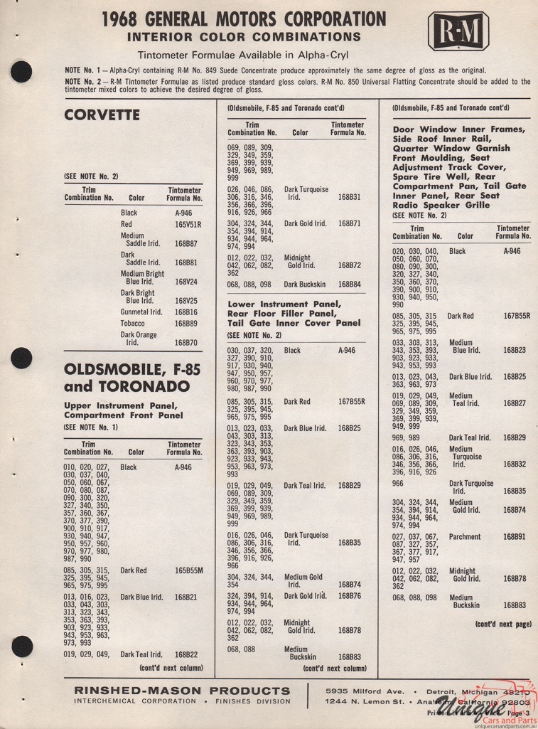 1968 General Motors Paint Charts RM 6